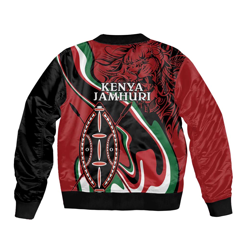 Red and black unisex bomber jacket with KENYA JAMHURI back print and shield