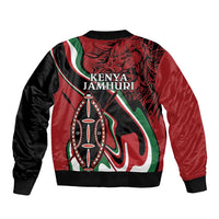 Red and black unisex bomber jacket with KENYA JAMHURI back print and shield