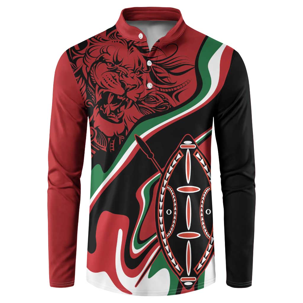 Men's button sweatshirt in red, black, and white with lion head and shield graphic.