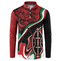 Men's button sweatshirt in red, black, and white with lion head and shield graphic.