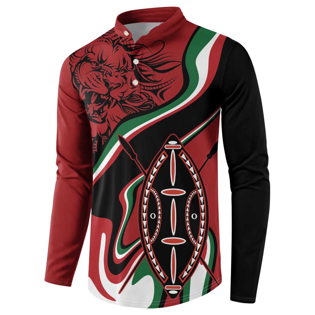 Men's button sweatshirt with lion head and shield emblem, red black and white.