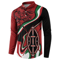 Men's button sweatshirt with lion head and shield emblem, red black and white.