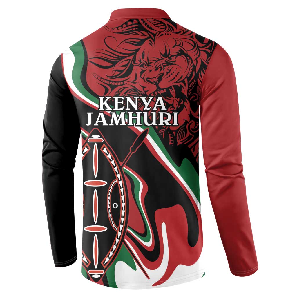 Men's button sweatshirt back in black with red sleeves, 'KENYA JAMHURI' and lion artwork.