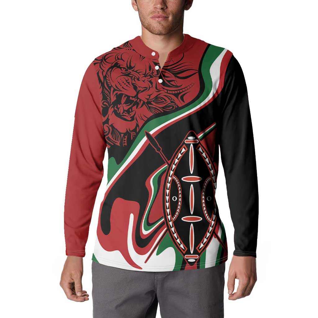 Men's button sweatshirt in red and black with lion and shield emblem graphic.