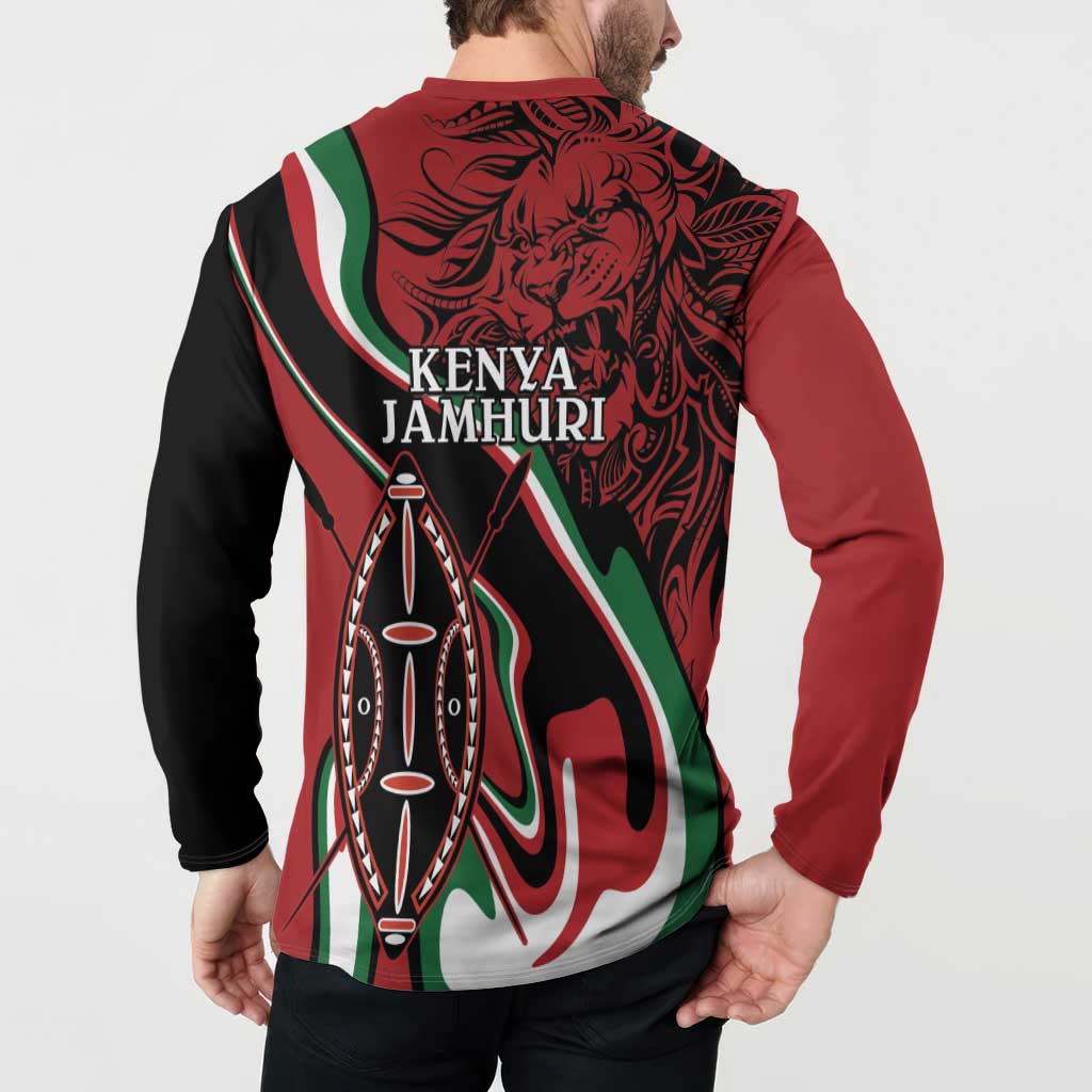 Men's button sweatshirt back shows 'KENYA JAMHURI' text with lion and shield artwork.