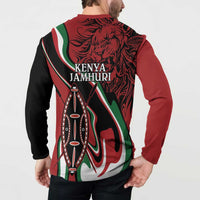 Men's button sweatshirt back shows 'KENYA JAMHURI' text with lion and shield artwork.