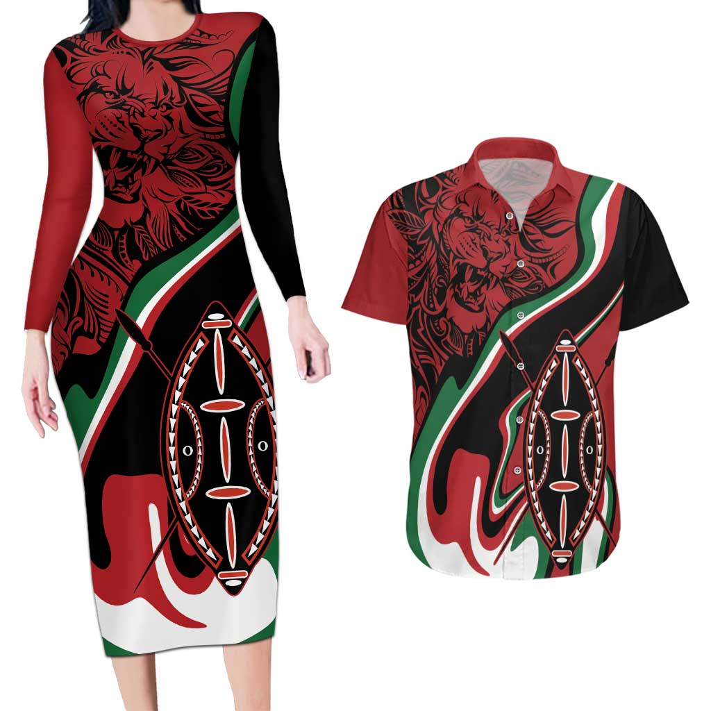 Happy Jamhuri Day Kenya Couples Matching Long Sleeve Bodycon Dress and Hawaiian Shirt Kenyan Lion and Maasai Shield LT9 - Wonder Print Shop