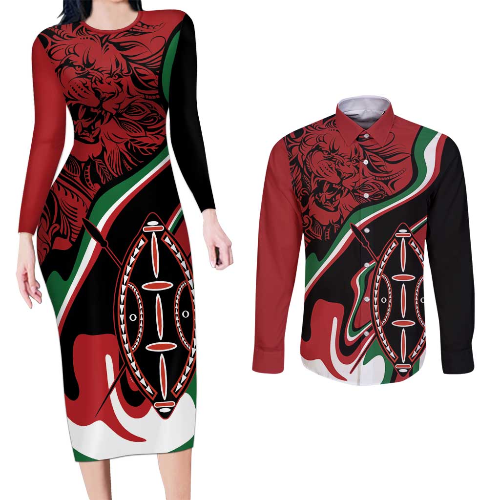 Happy Jamhuri Day Kenya Couples Matching Long Sleeve Bodycon Dress and Long Sleeve Button Shirt Kenyan Lion and Maasai Shield LT9 - Wonder Print Shop