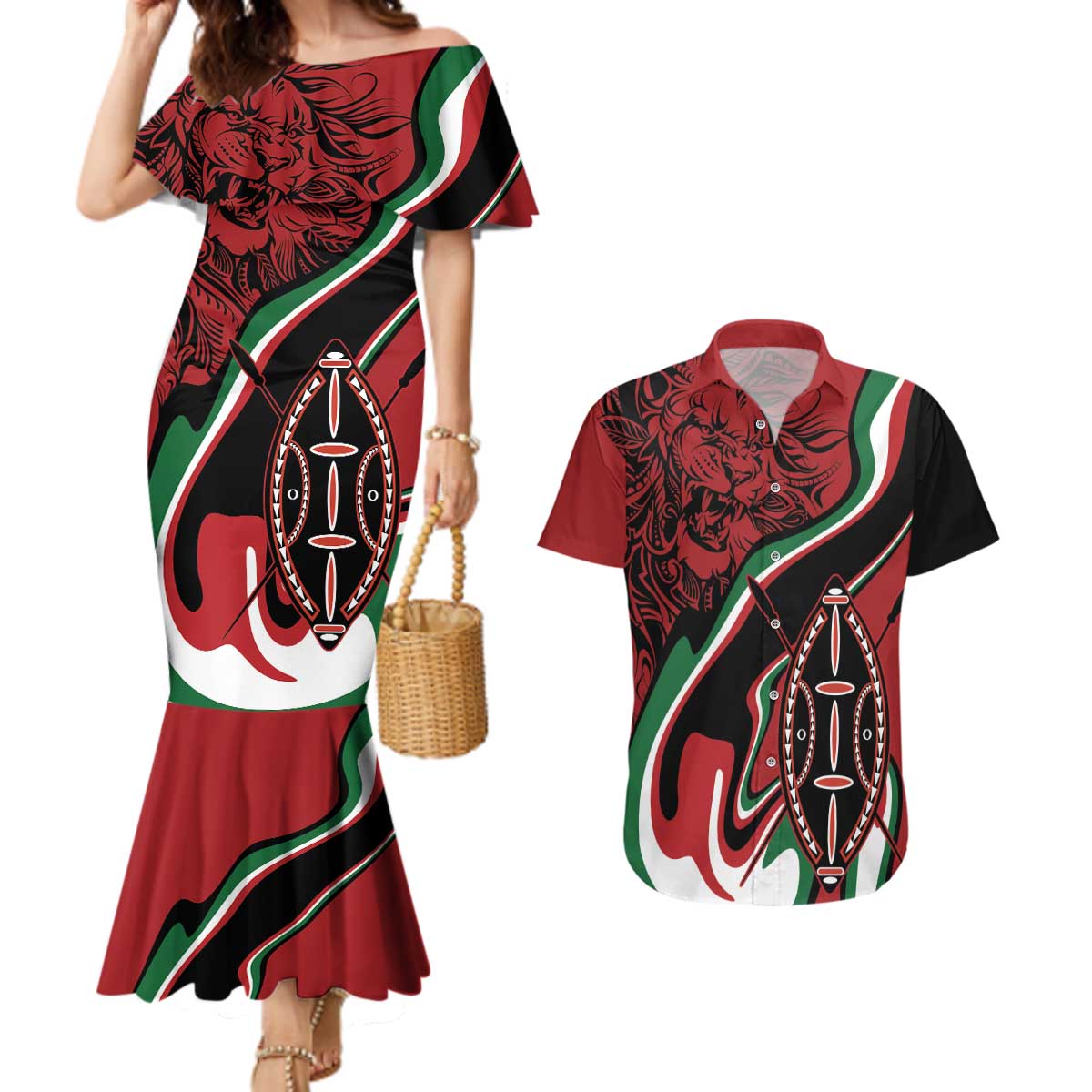 Happy Jamhuri Day Kenya Couples Matching Mermaid Dress and Hawaiian Shirt Kenyan Lion and Maasai Shield LT9 - Wonder Print Shop