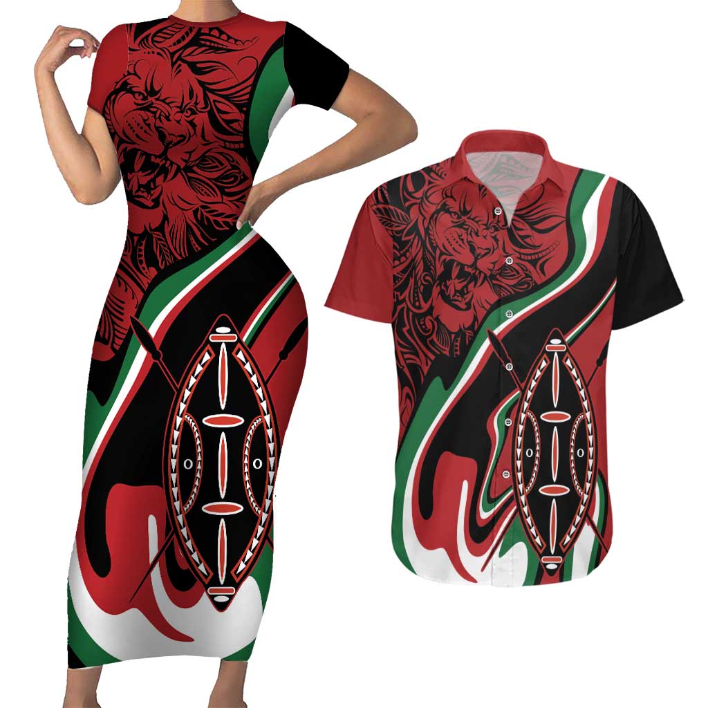 Happy Jamhuri Day Kenya Couples Matching Short Sleeve Bodycon Dress and Hawaiian Shirt Kenyan Lion and Maasai Shield LT9 - Wonder Print Shop