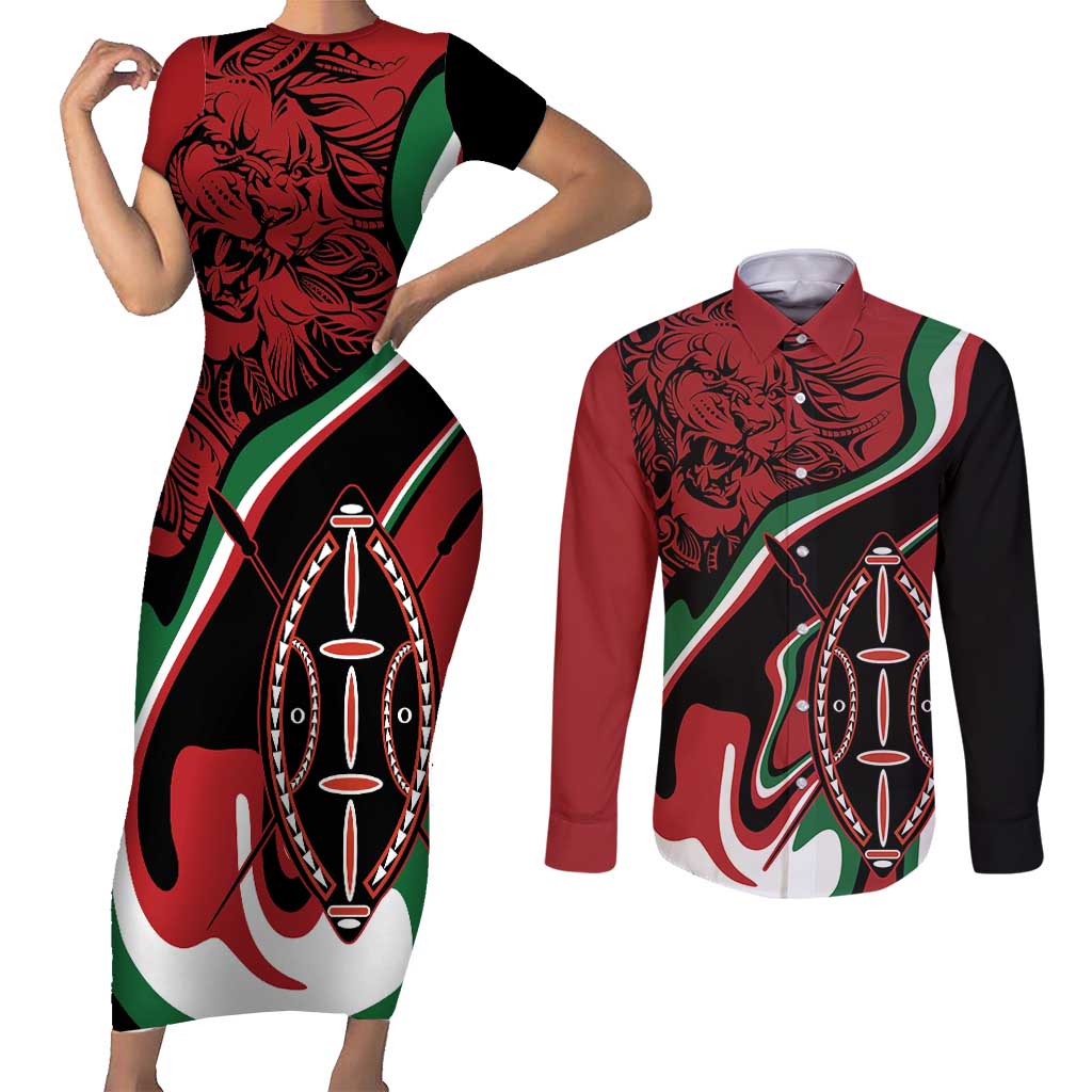 Happy Jamhuri Day Kenya Couples Matching Short Sleeve Bodycon Dress and Long Sleeve Button Shirt Kenyan Lion and Maasai Shield LT9 - Wonder Print Shop