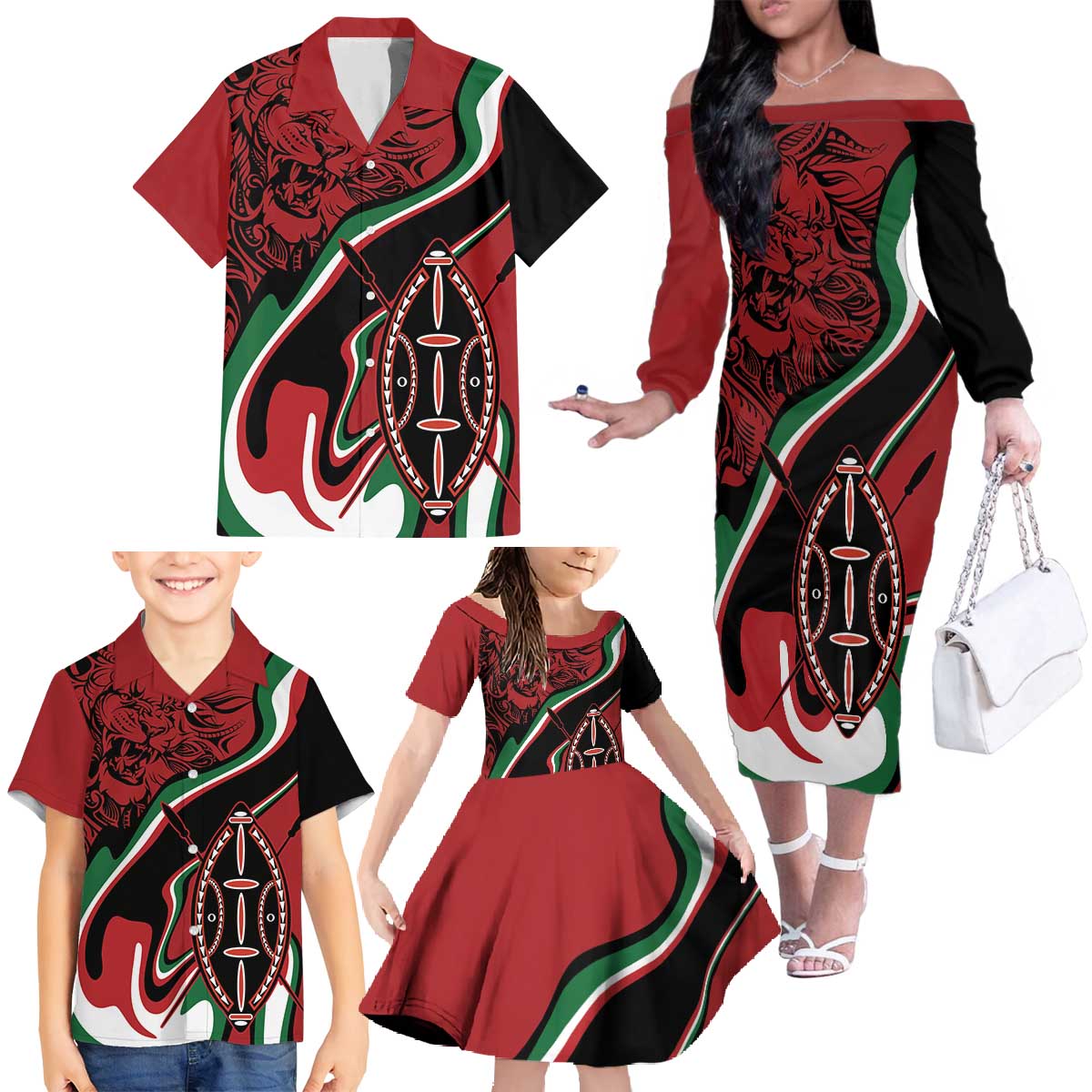 Happy Jamhuri Day Kenya Family Matching Off The Shoulder Long Sleeve Dress and Hawaiian Shirt Kenyan Lion and Maasai Shield - Wonder Print Shop