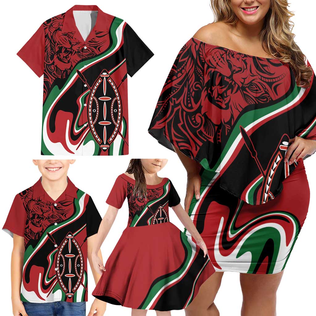 Happy Jamhuri Day Kenya Family Matching Off Shoulder Short Dress and Hawaiian Shirt Kenyan Lion and Maasai Shield LT9 - Wonder Print Shop