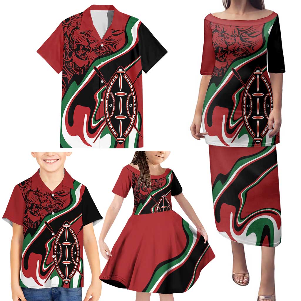 Happy Jamhuri Day Kenya Family Matching Puletasi and Hawaiian Shirt Kenyan Lion and Maasai Shield - Wonder Print Shop