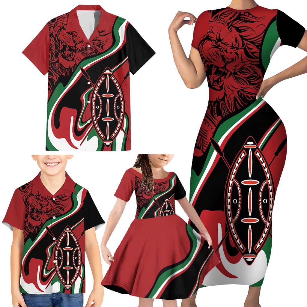 Happy Jamhuri Day Kenya Family Matching Short Sleeve Bodycon Dress and Hawaiian Shirt Kenyan Lion and Maasai Shield - Wonder Print Shop