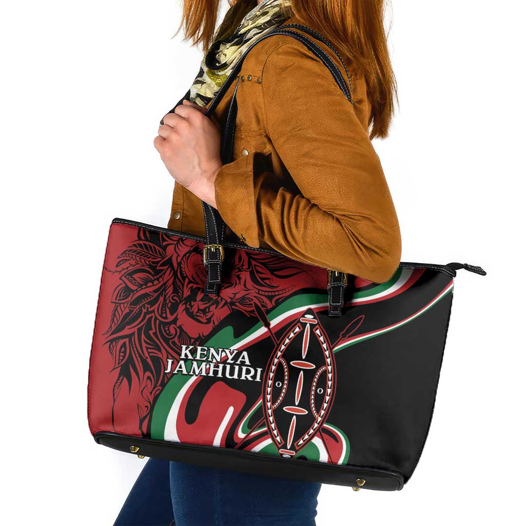 Happy Jamhuri Day Kenya Leather Tote Bag Kenyan Lion and Maasai Shield - Wonder Print Shop