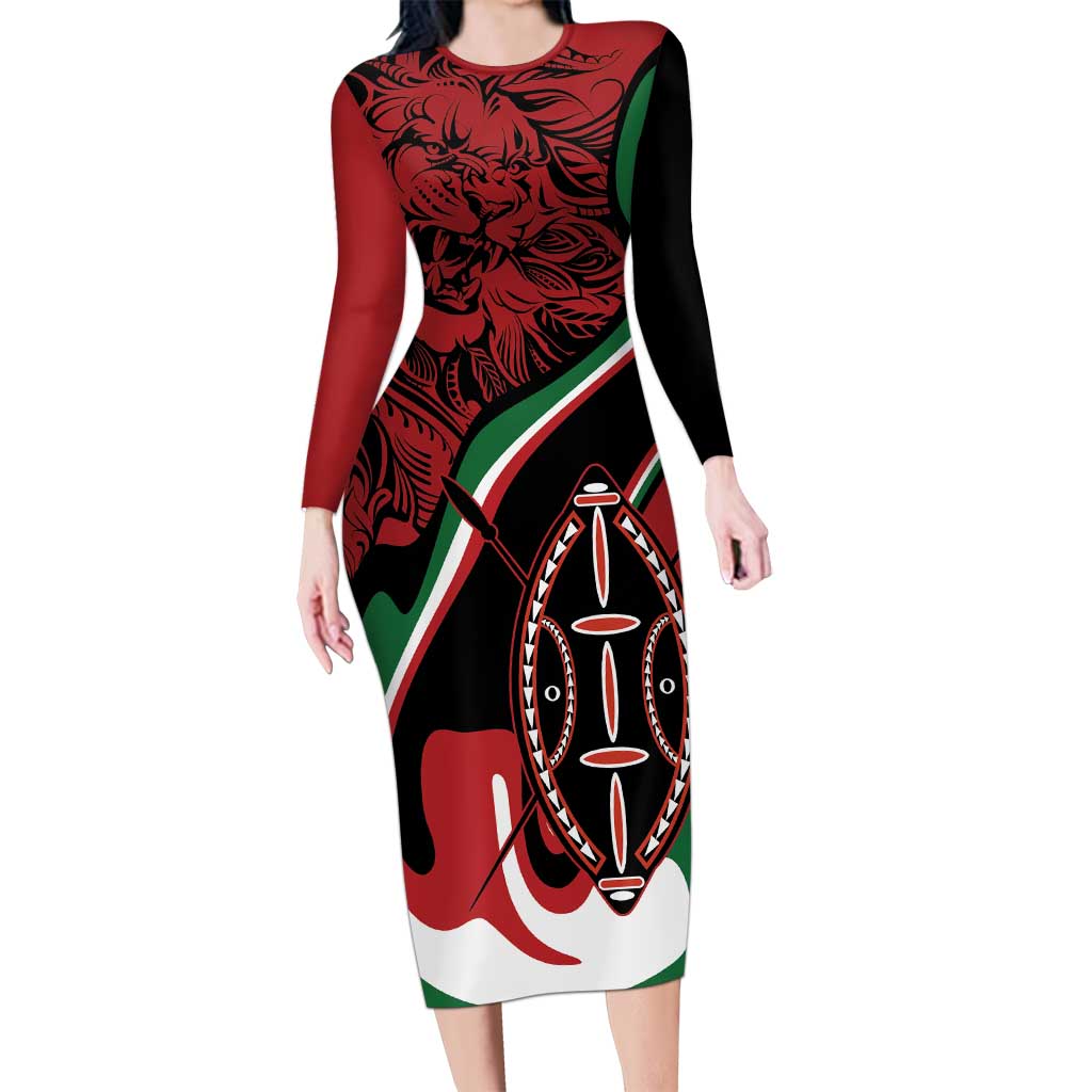 Happy Jamhuri Day Kenya Long Sleeve Bodycon Dress Kenyan Lion and Maasai Shield - Wonder Print Shop