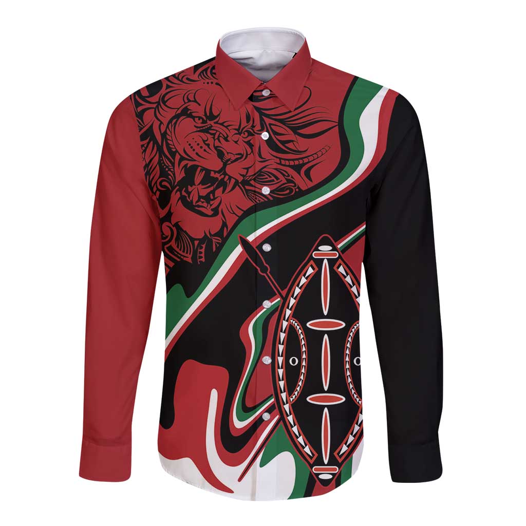 Red and black long-sleeve button shirt with lion graphic and flag-style diagonal stripe