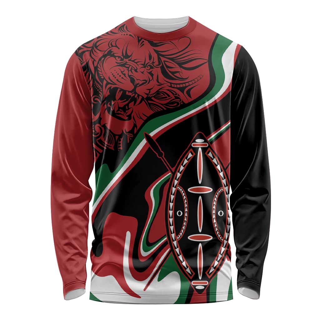 Unisex long-sleeve shirt, red/black/green print with lion and shield graphic