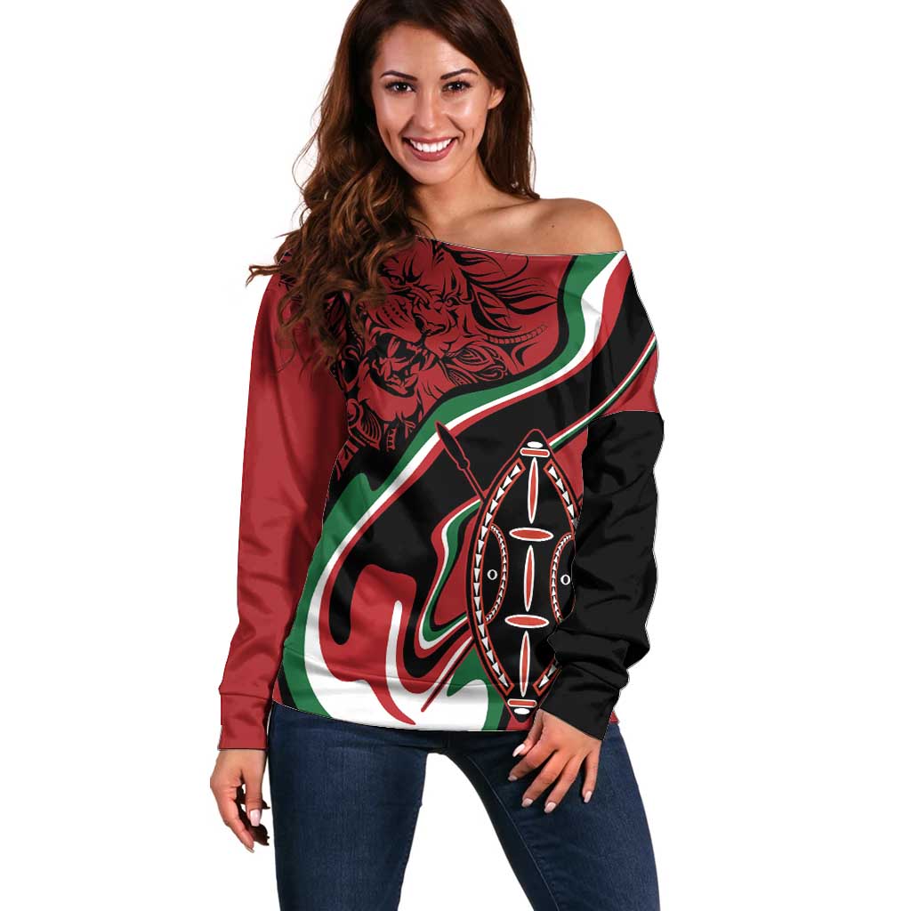 Happy Jamhuri Day Kenya Off Shoulder Sweater Kenyan Lion and Maasai Shield