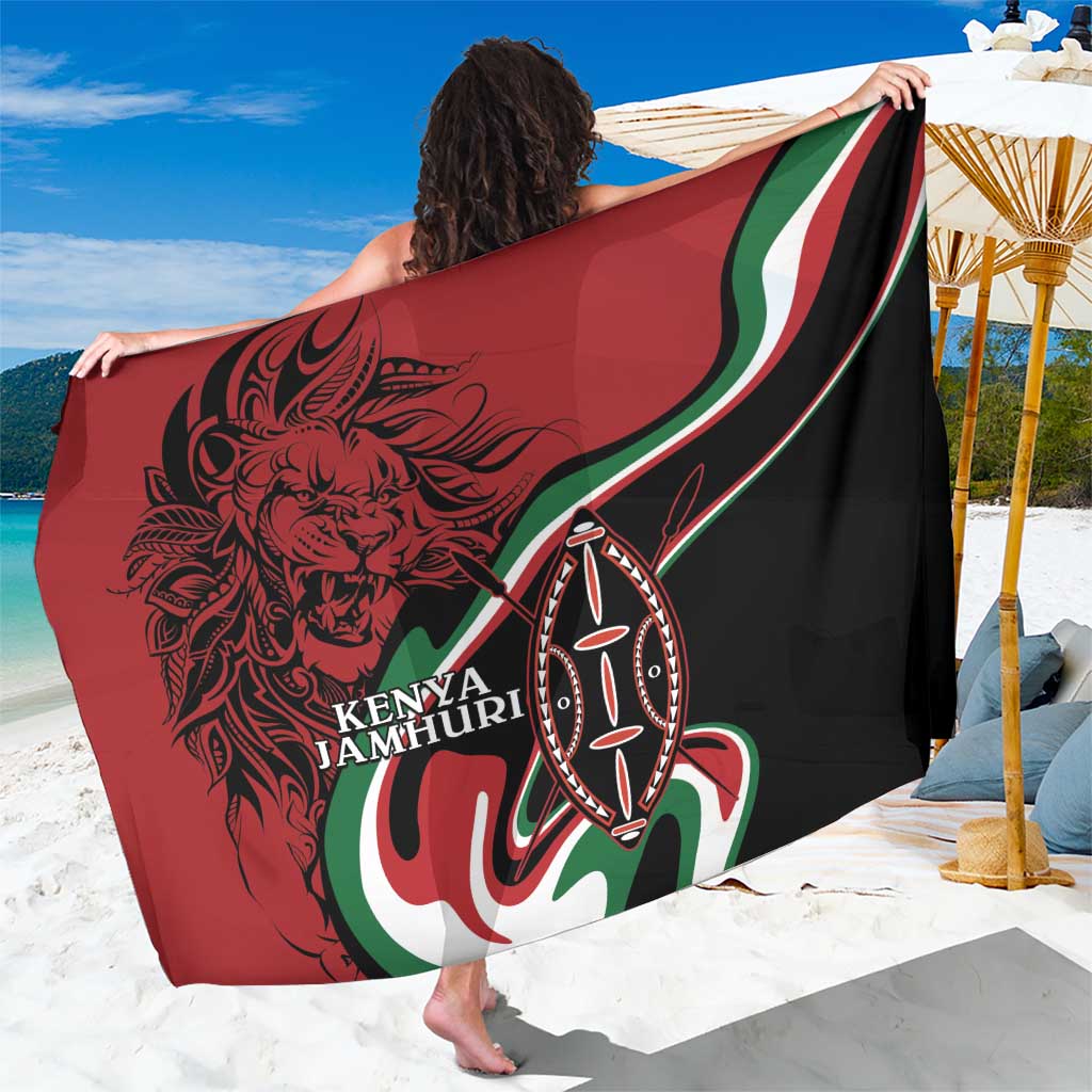 Red and black Kenyan-themed lion and Maasai shield sarong with flag-style border.