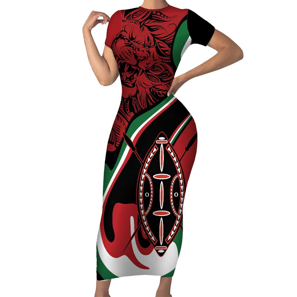 Happy Jamhuri Day Kenya Short Sleeve Bodycon Dress Kenyan Lion and Maasai Shield - Wonder Print Shop