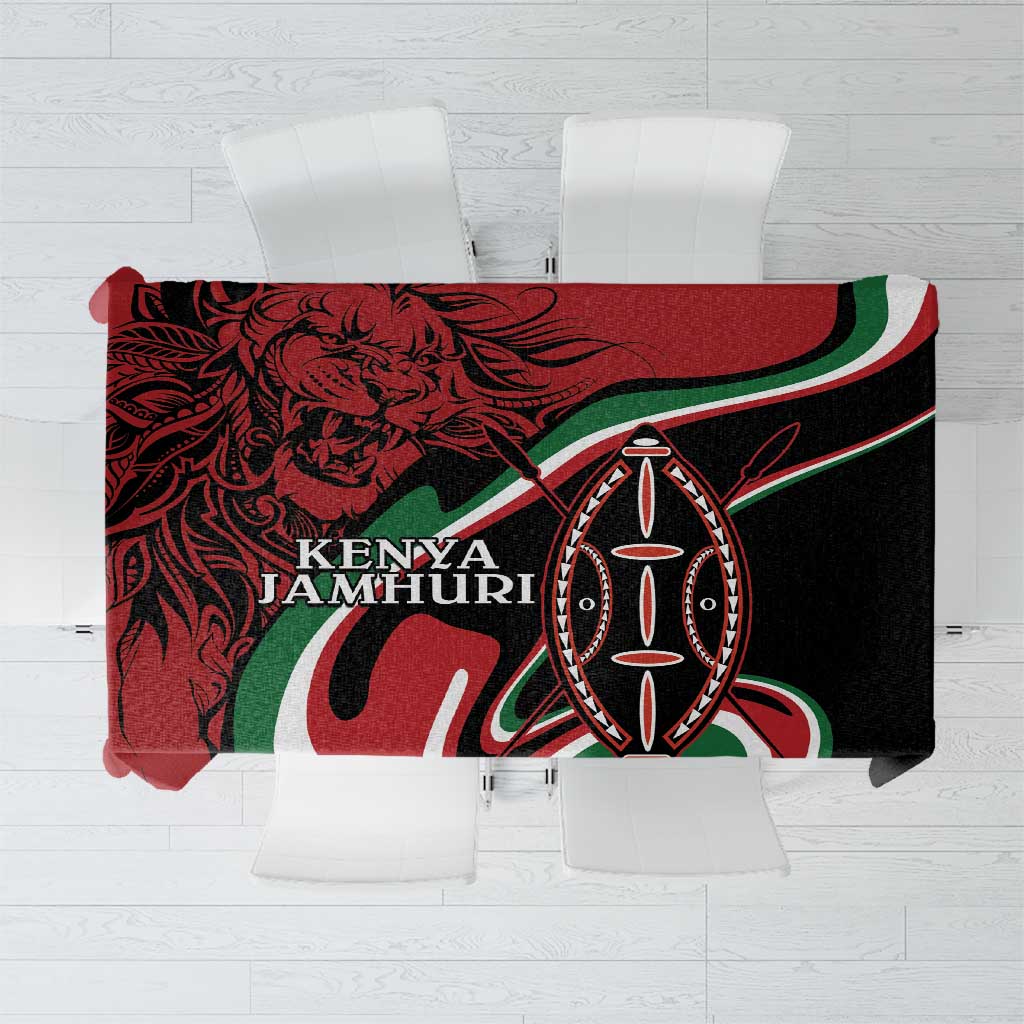 Red tablecloth with Kenya Jamhuri graphic, lion face, and Maasai shield emblem in black and green