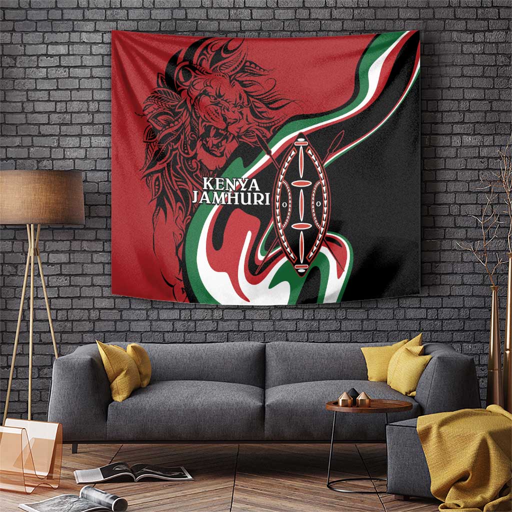Red and black wall tapestry with lion face, Kenya text, and shield emblem