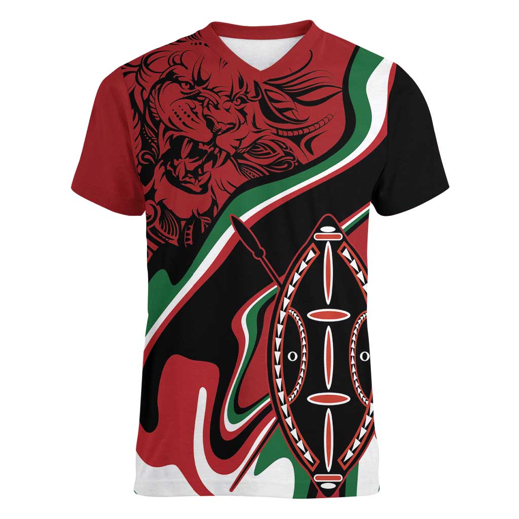 Happy Jamhuri Day Kenya Women V-Neck T-Shirt Kenyan Lion and Maasai Shield - Wonder Print Shop