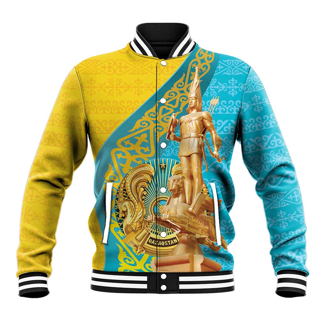 Unisex baseball jacket with ribbed collar, snap front, and gold/turquoise graphic print