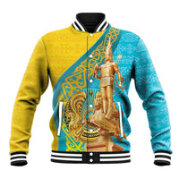 Unisex baseball jacket with ribbed collar, snap front, and gold/turquoise graphic print