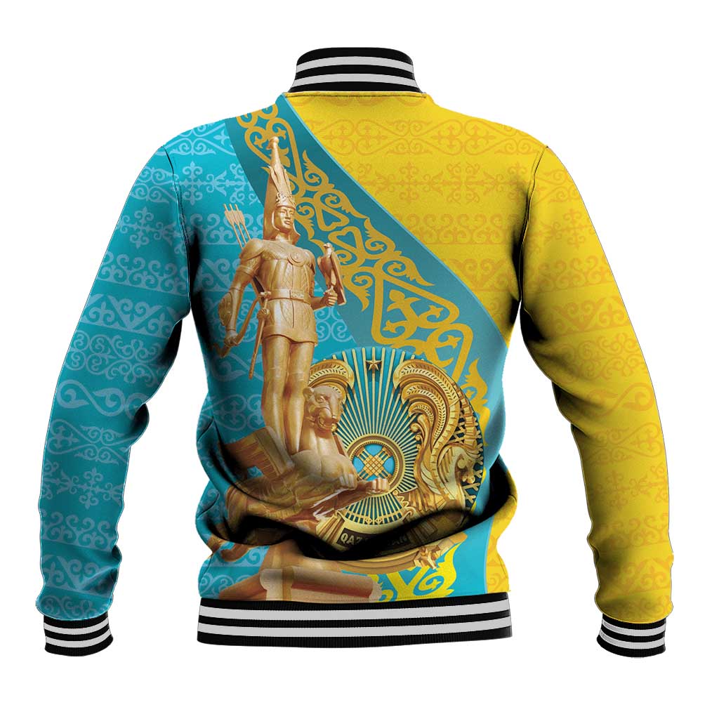 Unisex baseball jacket with ribbed cuffs and back warrior graphic on gold and teal