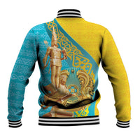 Unisex baseball jacket with ribbed cuffs and back warrior graphic on gold and teal