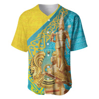 Gold and teal baseball jersey with V-neck, short sleeves, and golden warrior graphic