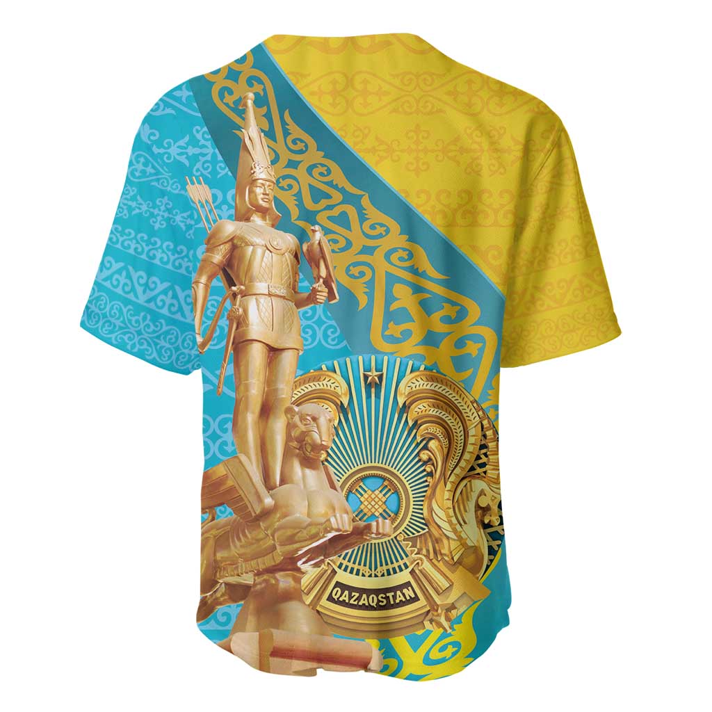 Teal and gold baseball jersey with back graphic of golden warrior statue and emblem