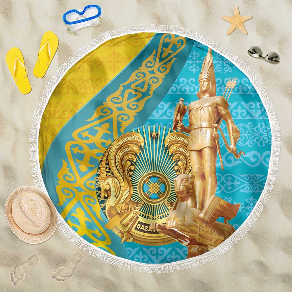 Round beach blanket with white fringe, teal and yellow pattern, gold human statue