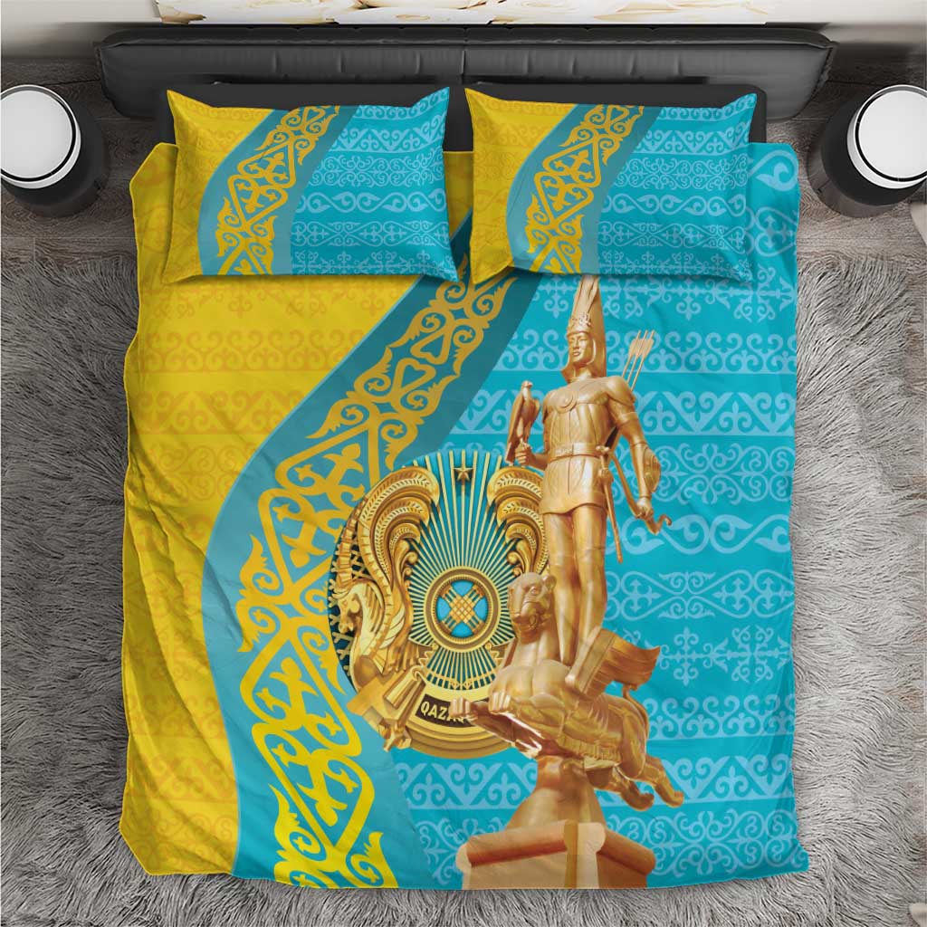 Gold and teal patterned bedding set with 2 pillows and gold statue graphic