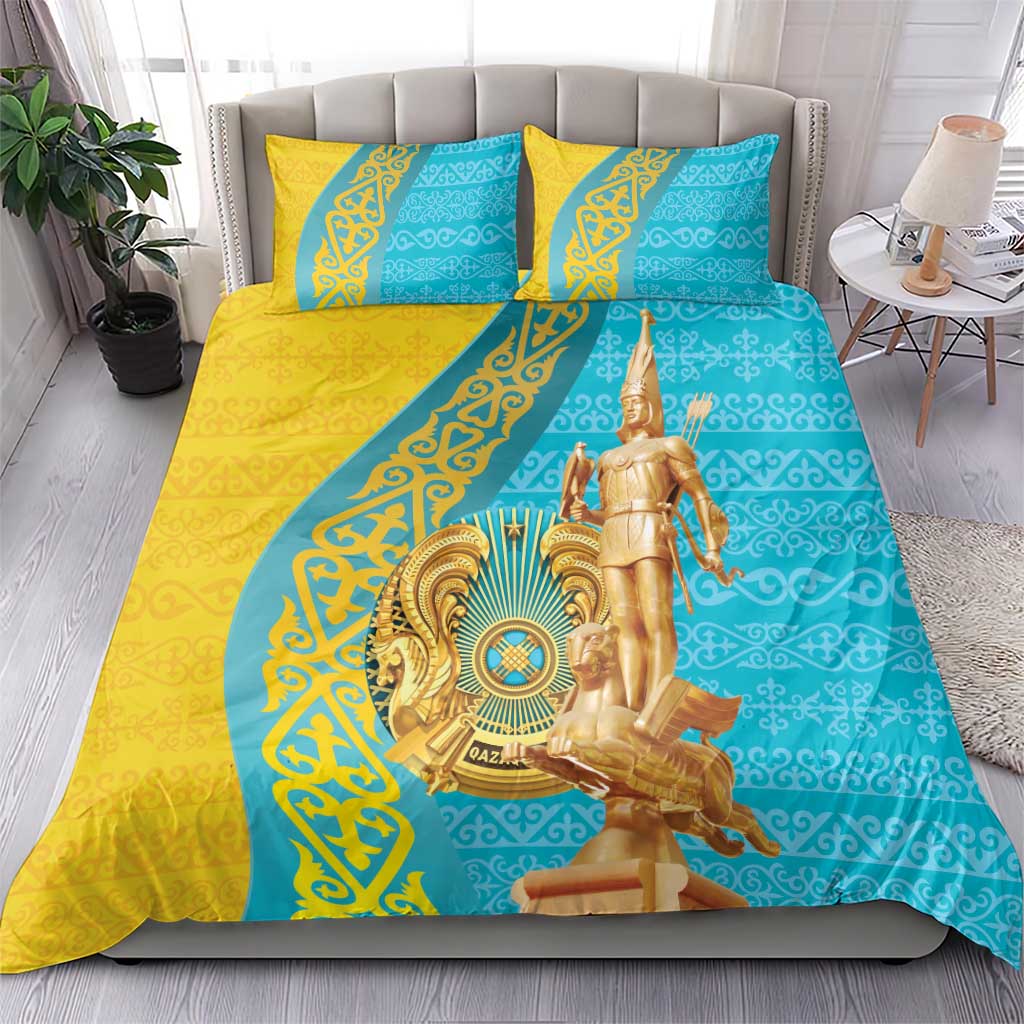 Gold and teal duvet set with two pillows featuring gold statue and ornamental borders