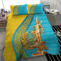 Gold and teal duvet set with 2 pillows, large gold statue medallion and scroll patterns