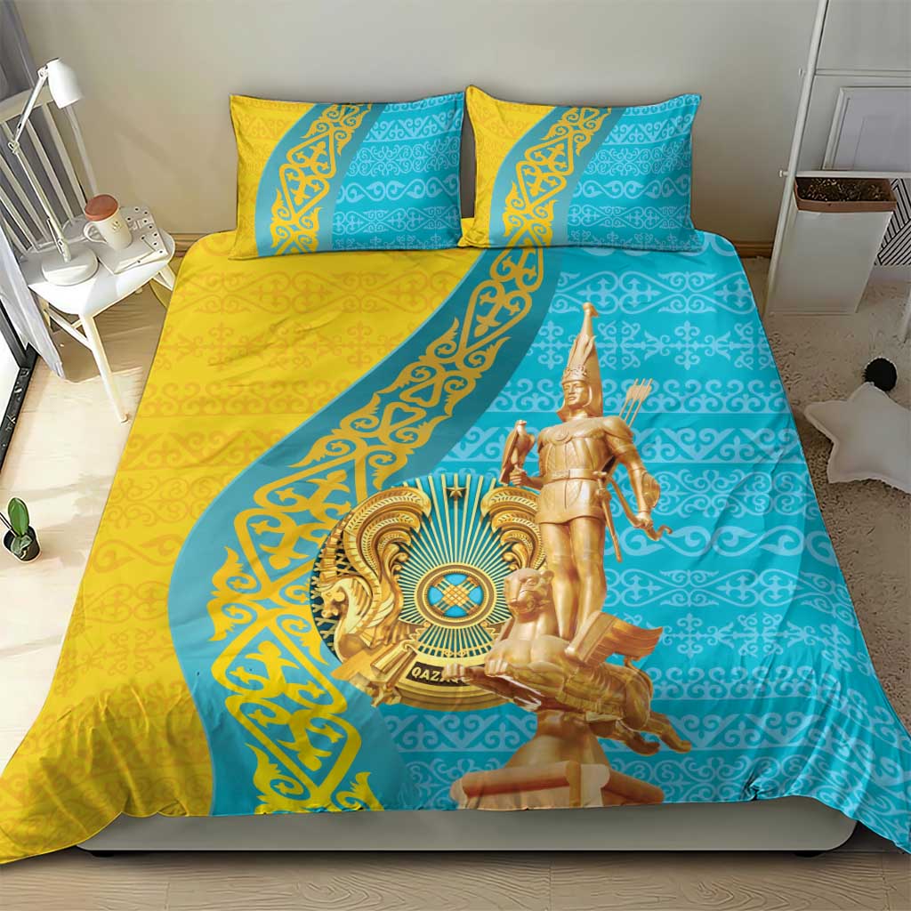 Gold and teal bedding set with 2 pillows, gold statue centerpiece on geometric panel