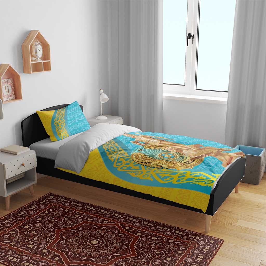 Gold and teal bedding set on bed with matching pillows and gold statue graphic panel