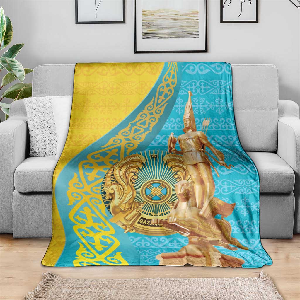 Teal and yellow throw blanket featuring golden warrior figure and circular medallion design