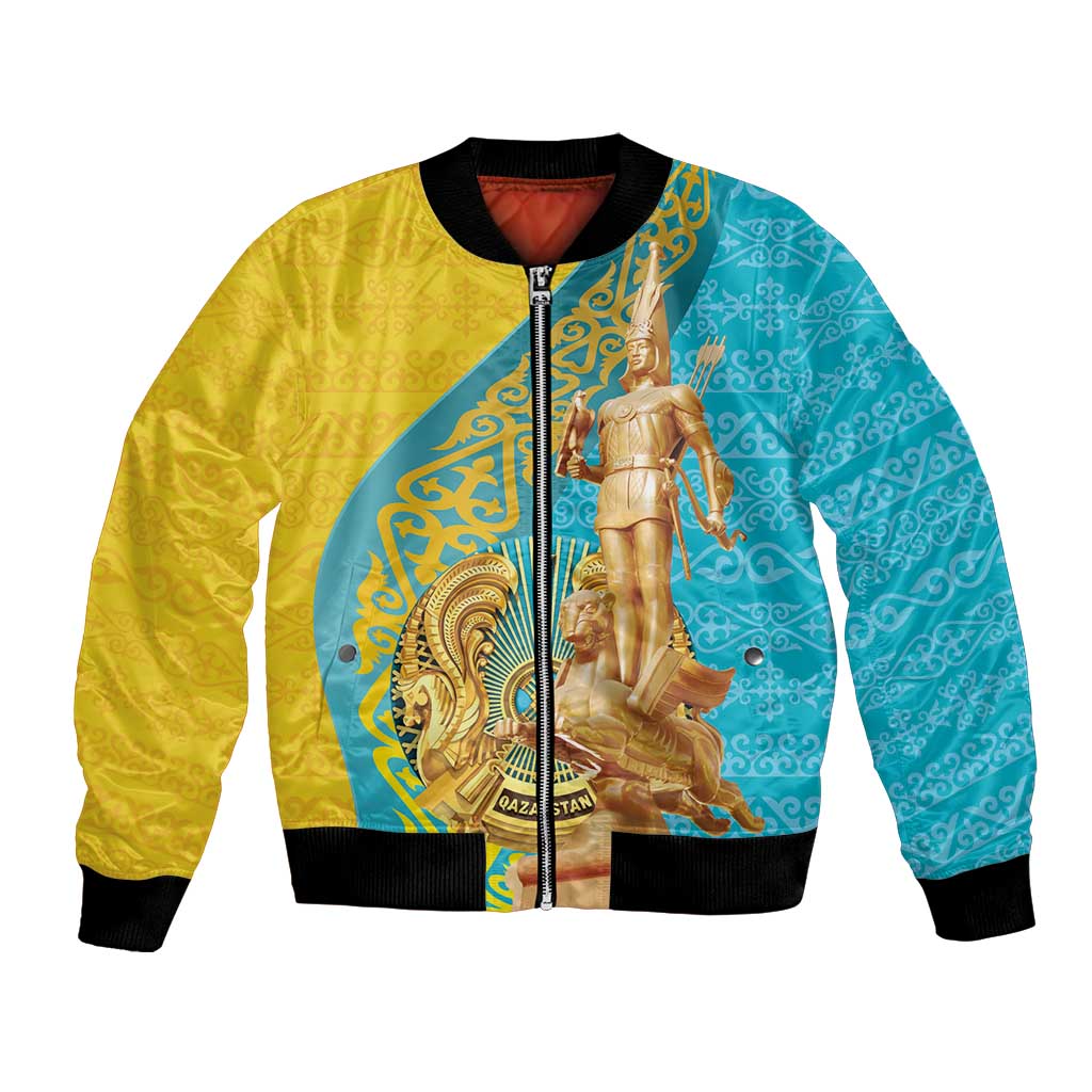 Unisex bomber jacket with gold and blue graphic, full-zip front, ribbed cuffs