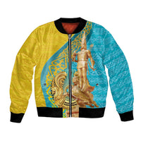Unisex bomber jacket with gold and blue graphic, full-zip front, ribbed cuffs
