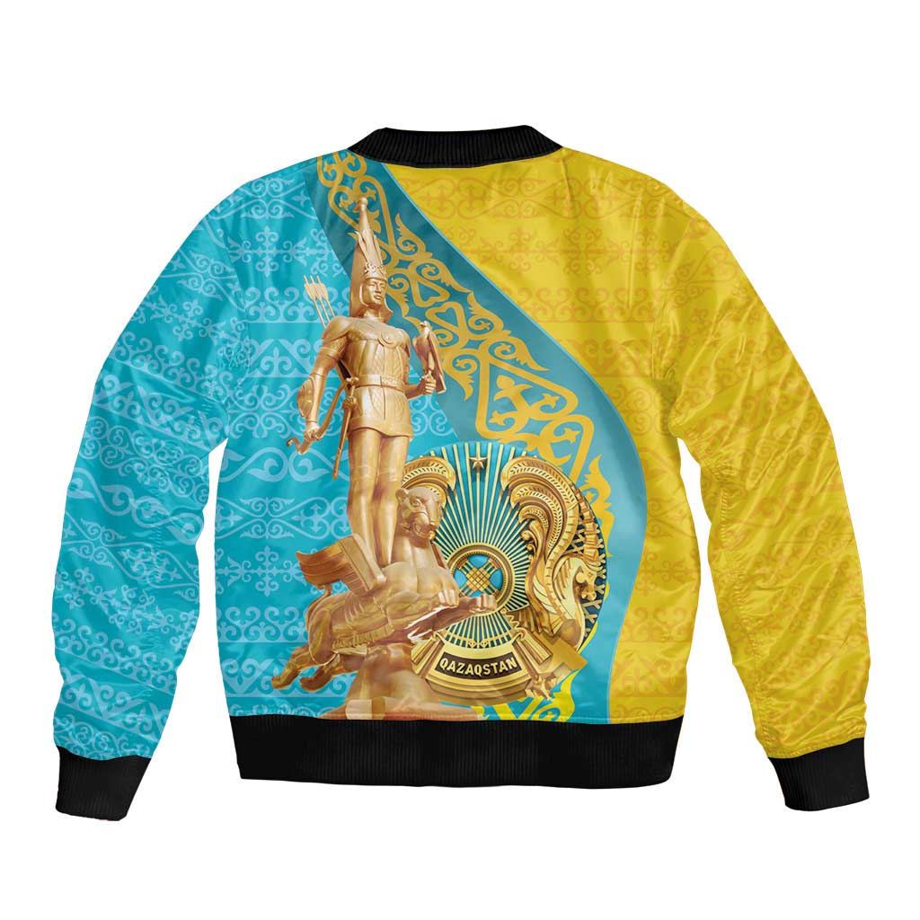 Unisex bomber jacket in gold and blue with large seated statue graphic, ribbed hem