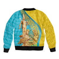 Unisex bomber jacket in gold and blue with large seated statue graphic, ribbed hem