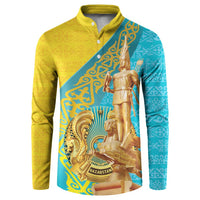 Gold and teal long-sleeve button sweatshirt with gold figure graphic