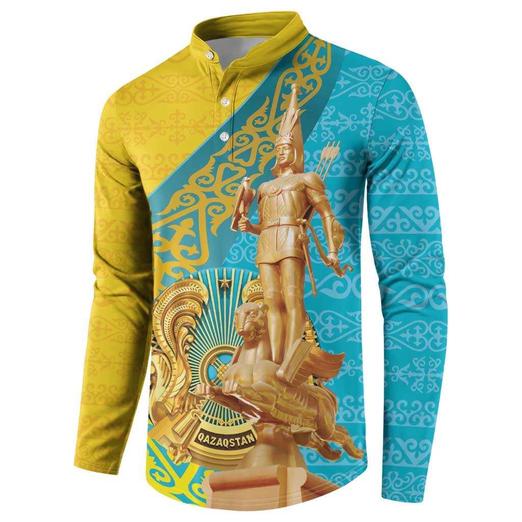 Gold and teal long-sleeve button sweatshirt with large gold statue graphic