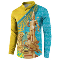 Gold and teal long-sleeve button sweatshirt with large gold statue graphic