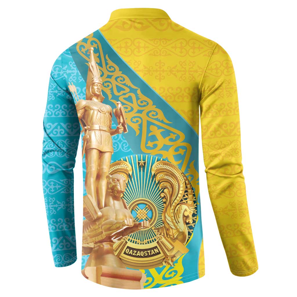 Gold and teal long-sleeve button sweatshirt with back statue relief graphic